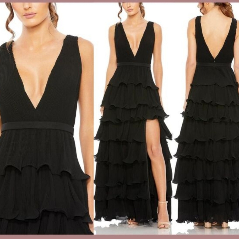 Mac Duggal Sleeveless Ruffle Tiered V Neck Gown Size 2